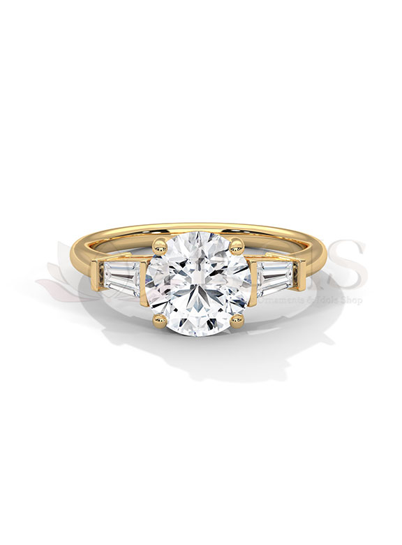 Classic Round and Baguette Three Stone Diamond Engagement Ring